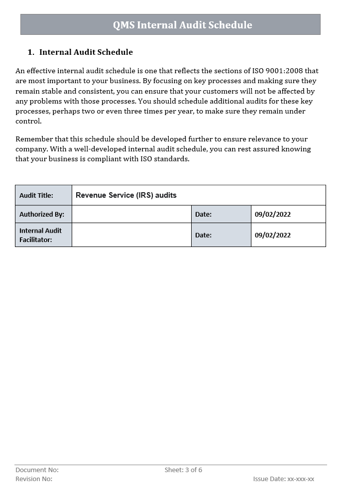 QMS Internal Audit Schedule Template