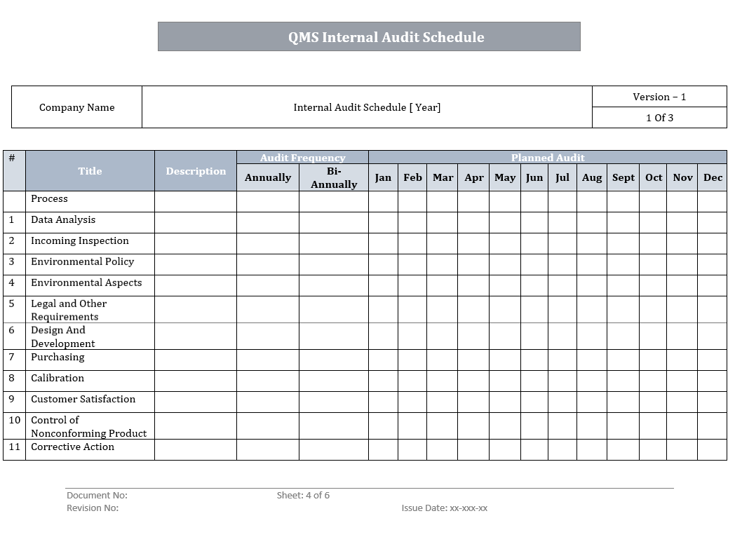 QMS Internal Audit Schedule Word Template