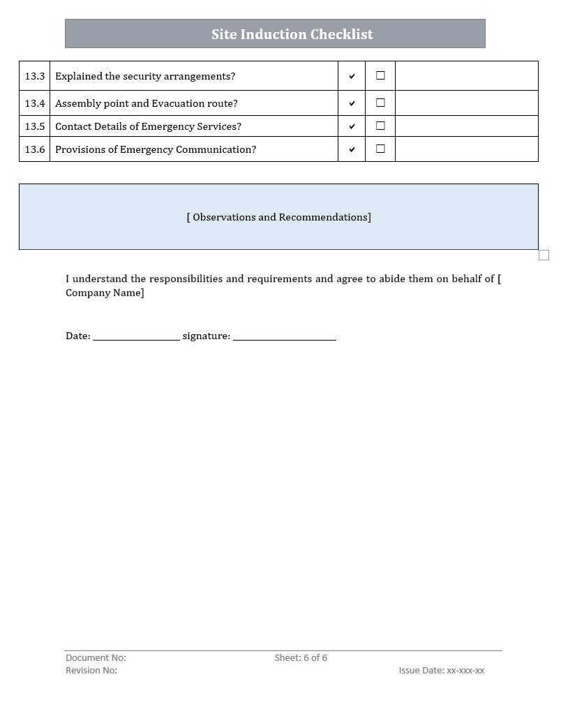 QMS Site Induction Checklist Template Word